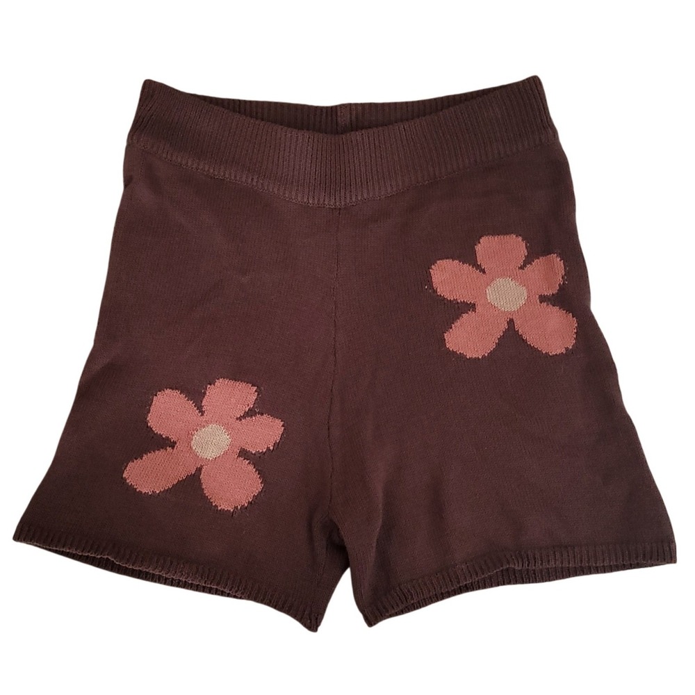 Luca + Grae Brown Floral Knit Shorts 100% Cotton High Rise Pink Flower Large NWT